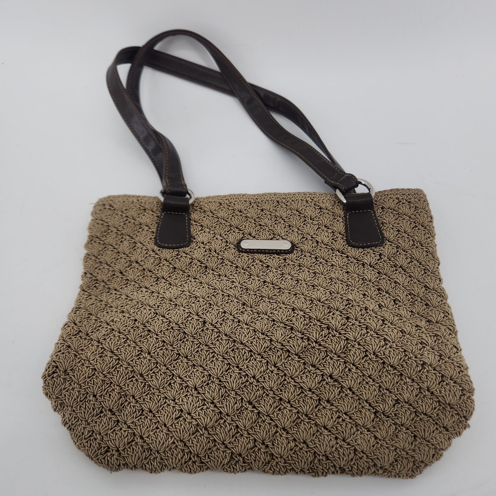 G.H. Bass & Co Woven Straw Tote Shoulder Bag Tan‎ Cotton Vinyl Trim Casual